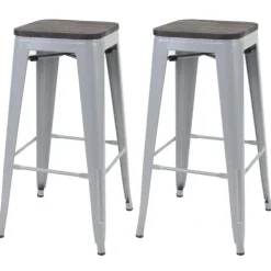 PROREGAL 2er-Set Barhocker inkl. Holz-Sitzfläche Sitzhöhe 76cm Metall Industriedesign stapelbar Grau Barstuhl Tresenhocker