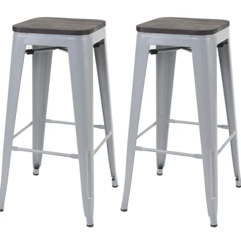 PROREGAL 2er-Set Barhocker inkl. Holz-Sitzfläche Sitzhöhe 76cm Metall Industriedesign stapelbar Grau Barstuhl Tresenhocker