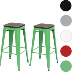 PROREGAL 2er-Set Barhocker inkl. Holz-Sitzfläche Sitzhöhe 76cm Metall Industriedesign stapelbar Grün Barstuhl Tresenhocker
