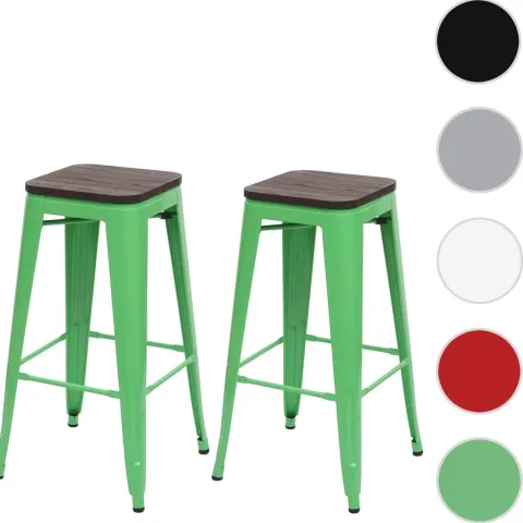 PROREGAL 2er-Set Barhocker inkl. Holz-Sitzfläche Sitzhöhe 76cm Metall Industriedesign stapelbar Grün Barstuhl Tresenhocker
