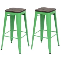 PROREGAL 2er-Set Barhocker inkl. Holz-Sitzfläche Sitzhöhe 76cm Metall Industriedesign stapelbar Grün Barstuhl Tresenhocker