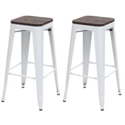 PROREGAL 2er-Set Barhocker inkl. Holz-Sitzfläche Sitzhöhe 76cm Metall Industriedesign stapelbar Weiß Barstuhl Tresenhocker