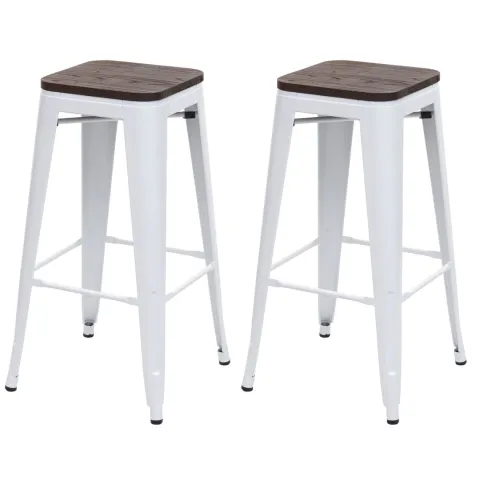 PROREGAL 2er-Set Barhocker inkl. Holz-Sitzfläche Sitzhöhe 76cm Metall Industriedesign stapelbar Weiß Barstuhl Tresenhocker