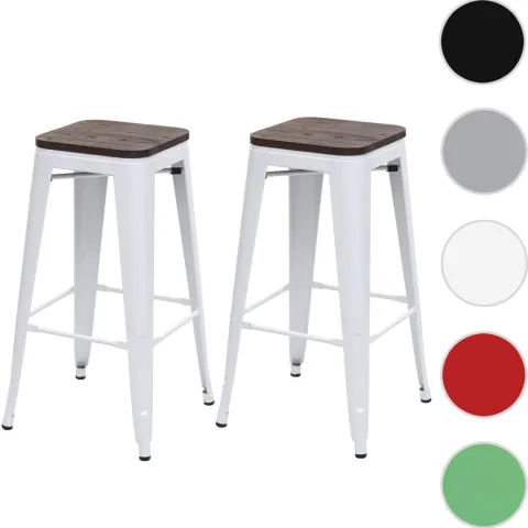 PROREGAL 2er-Set Barhocker inkl. Holz-Sitzfläche Sitzhöhe 76cm Metall Industriedesign stapelbar Weiß Barstuhl Tresenhocker