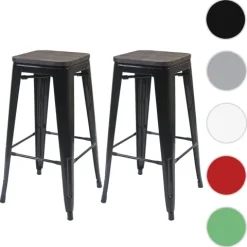 PROREGAL 2er-Set Barhocker inkl. Holz-Sitzfläche Sitzhöhe 76cm Metall Industriedesign stapelbar Schwarz Barstuhl Tresenhocker