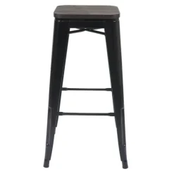 PROREGAL 2er-Set Barhocker inkl. Holz-Sitzfläche Sitzhöhe 76cm Metall Industriedesign stapelbar Schwarz Barstuhl Tresenhocker