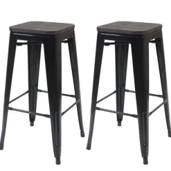 PROREGAL 2er-Set Barhocker inkl. Holz-Sitzfläche Sitzhöhe 76cm Metall Industriedesign stapelbar Schwarz Barstuhl Tresenhocker