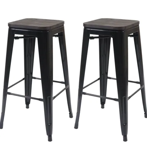 PROREGAL 2er-Set Barhocker inkl. Holz-Sitzfläche Sitzhöhe 76cm Metall Industriedesign stapelbar Schwarz Barstuhl Tresenhocker