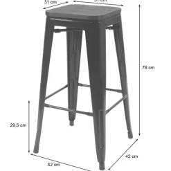 PROREGAL 2er-Set Barhocker inkl. Holz-Sitzfläche Sitzhöhe 76cm Metall Industriedesign stapelbar Schwarz Barstuhl Tresenhocker