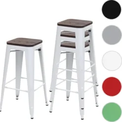 PROREGAL 4er-Set Barhocker inkl. Holz-Sitzfläche Sitzhöhe 76cm Metall Industriedesign stapelbar Weiß Barstuhl Tresenhocker