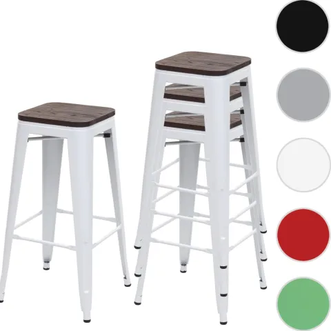 PROREGAL 4er-Set Barhocker inkl. Holz-Sitzfläche Sitzhöhe 76cm Metall Industriedesign stapelbar Weiß Barstuhl Tresenhocker