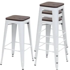 PROREGAL 4er-Set Barhocker inkl. Holz-Sitzfläche Sitzhöhe 76cm Metall Industriedesign stapelbar Weiß Barstuhl Tresenhocker
