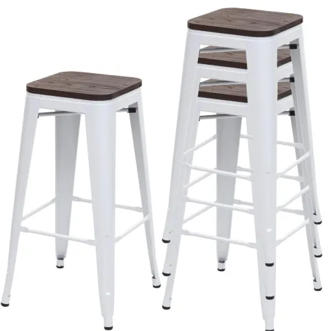 PROREGAL 4er-Set Barhocker inkl. Holz-Sitzfläche Sitzhöhe 76cm Metall Industriedesign stapelbar Weiß Barstuhl Tresenhocker