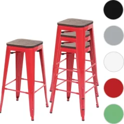 PROREGAL 4er-Set Barhocker inkl. Holz-Sitzfläche Sitzhöhe 76cm Metall Industriedesign stapelbar Rot Barstuhl Tresenhocker
