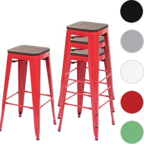 PROREGAL 4er-Set Barhocker inkl. Holz-Sitzfläche Sitzhöhe 76cm Metall Industriedesign stapelbar Rot Barstuhl Tresenhocker