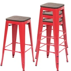 PROREGAL 4er-Set Barhocker inkl. Holz-Sitzfläche Sitzhöhe 76cm Metall Industriedesign stapelbar Rot Barstuhl Tresenhocker