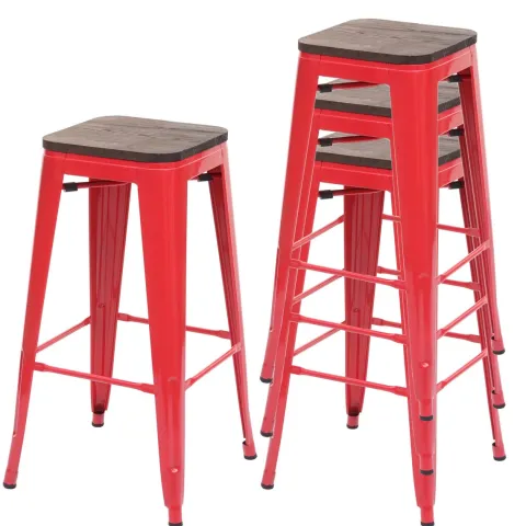 PROREGAL 4er-Set Barhocker inkl. Holz-Sitzfläche Sitzhöhe 76cm Metall Industriedesign stapelbar Rot Barstuhl Tresenhocker