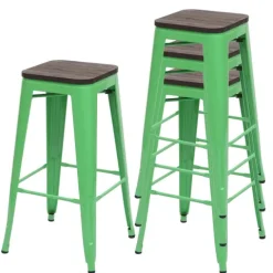 PROREGAL 4er-Set Barhocker inkl. Holz-Sitzfläche Sitzhöhe 76cm Metall Industriedesign stapelbar Grün Barstuhl Tresenhocker