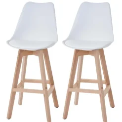 PROREGAL 2er-Set Barhocker mit Lehne, einfach Sitzhöhe 76cm Weiß Sitzfläche Kunstleder Weiß helle Beine| Retro Design