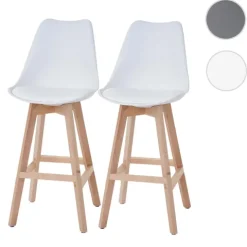 PROREGAL 2er-Set Barhocker mit Lehne, einfach Sitzhöhe 76cm Weiß Sitzfläche Kunstleder Weiß helle Beine| Retro Design
