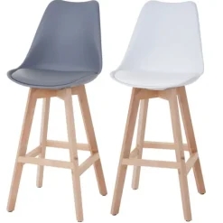 PROREGAL 2er-Set Barhocker mit Lehne, einfach Sitzhöhe 76cm Weiß Sitzfläche Kunstleder Weiß helle Beine| Retro Design