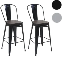 PROREGAL 2er-Set Barhocker mit Lehne inkl. Holz-Sitzfläche Sitzhöhe 77cm Metall Industriedesign Schwarz Barstuhl Tresenhocker mit Lehne