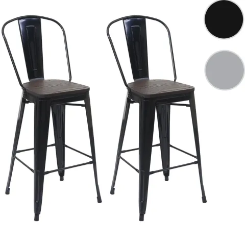 PROREGAL 2er-Set Barhocker mit Lehne inkl. Holz-Sitzfläche Sitzhöhe 77cm Metall Industriedesign Schwarz Barstuhl Tresenhocker mit Lehne