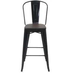 PROREGAL 2er-Set Barhocker mit Lehne inkl. Holz-Sitzfläche Sitzhöhe 77cm Metall Industriedesign Schwarz Barstuhl Tresenhocker mit Lehne