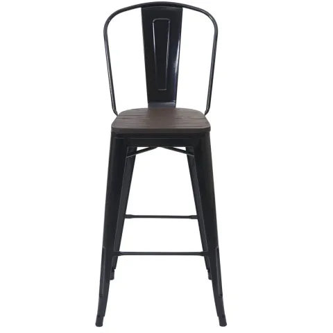 PROREGAL 2er-Set Barhocker mit Lehne inkl. Holz-Sitzfläche Sitzhöhe 77cm Metall Industriedesign Schwarz Barstuhl Tresenhocker mit Lehne