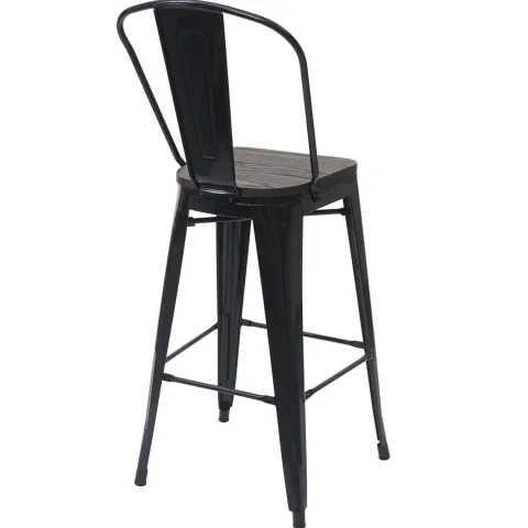 PROREGAL 2er-Set Barhocker mit Lehne inkl. Holz-Sitzfläche Sitzhöhe 77cm Metall Industriedesign Schwarz Barstuhl Tresenhocker mit Lehne