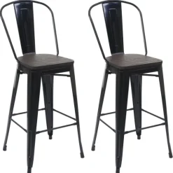 PROREGAL 2er-Set Barhocker mit Lehne inkl. Holz-Sitzfläche Sitzhöhe 77cm Metall Industriedesign Schwarz Barstuhl Tresenhocker mit Lehne