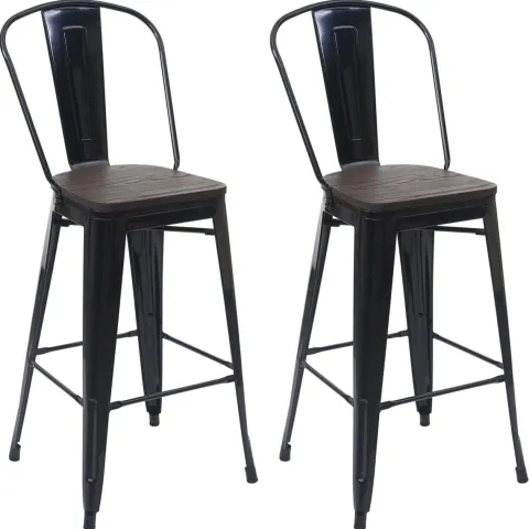 PROREGAL 2er-Set Barhocker mit Lehne inkl. Holz-Sitzfläche Sitzhöhe 77cm Metall Industriedesign Schwarz Barstuhl Tresenhocker mit Lehne