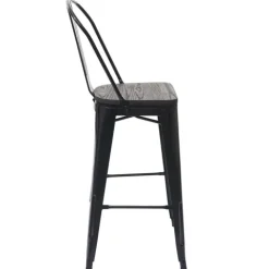PROREGAL 2er-Set Barhocker mit Lehne inkl. Holz-Sitzfläche Sitzhöhe 77cm Metall Industriedesign Schwarz Barstuhl Tresenhocker mit Lehne