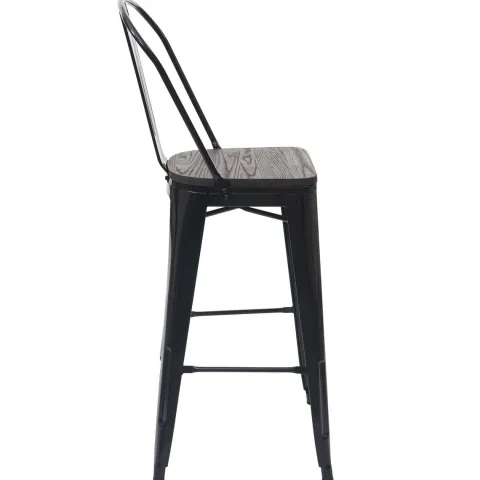 PROREGAL 2er-Set Barhocker mit Lehne inkl. Holz-Sitzfläche Sitzhöhe 77cm Metall Industriedesign Schwarz Barstuhl Tresenhocker mit Lehne