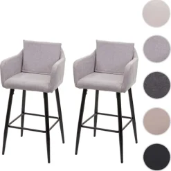 PROREGAL 2er-Set Barhocker mit Lehne Sitzhöhe 74cm Fußablage Metall Stoff/Textil Hellgrau Barstuhl Tresenhocker