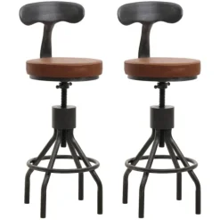 PROREGAL 2er-Set Barhocker mit Lehne Sitzhöhe 58-82cm höhenverstellbar drehbar Fußablage Industrial Stahl Kunstleder Braun Barstuhl