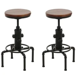 PROREGAL 2er-Set Barhocker Sitzhöhe 61-85cm Braun Barstuhl Tresenhocker höhenverstellbar drehbar Fußablage Industrial Eisen Massiv-Holz