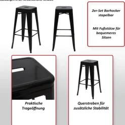 PROREGAL 2er-Set Barhocker Sitzhöhe 77cm Metall Industriedesign stapelbar Schwarz Barstuhl Tresenhocker