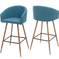 PROREGAL 2er-Set Barhocker Sitzhöhe 74cm Metall Holzoptik Stoff/Textil türkis Barstuhl Tresenhocker Küchenhocker mit Lehne