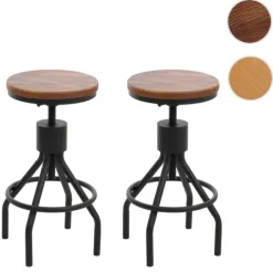 PROREGAL 2er-Set Barhocker Sitzhöhe 59-80cm höhenverstellbar drehbar Fußablage Industrial Metall Massiv-Holz Braun Barstuhl