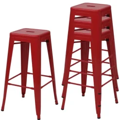 PROREGAL 4er-Set Barhocker Sitzhöhe 77cm Metall Industriedesign stapelbar Rot Barstuhl Tresenhocker
