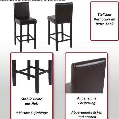 PROREGAL 2er-Set Barhocker Winnie gepolstert mit Lehne Sitzhöhe 75cm Holz+LEDER Braun dunkle Beine Barstuhl Tresenhocker