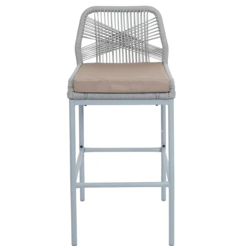 PROREGAL 2er-Set Rope-Barhocker, HxBxT 101x45x52 cm, Sitzhöhe 76cm, Hellgrau, Kissen Taupe, Outdoor Sitzpolster Seilgeflecht Metall