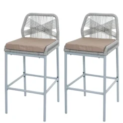 PROREGAL 2er-Set Rope-Barhocker, HxBxT 101x45x52 cm, Sitzhöhe 76cm, Hellgrau, Kissen Taupe, Outdoor Sitzpolster Seilgeflecht Metall