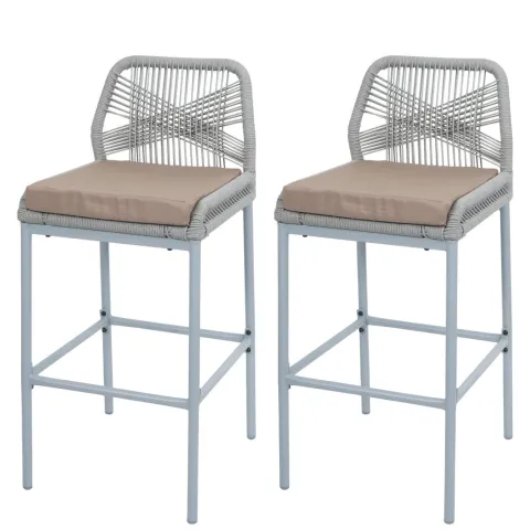 PROREGAL 2er-Set Rope-Barhocker, HxBxT 101x45x52 cm, Sitzhöhe 76cm, Hellgrau, Kissen Taupe, Outdoor Sitzpolster Seilgeflecht Metall