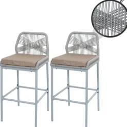 PROREGAL 2er-Set Rope-Barhocker, HxBxT 101x45x52 cm, Sitzhöhe 76cm, Hellgrau, Kissen Taupe, Outdoor Sitzpolster Seilgeflecht Metall