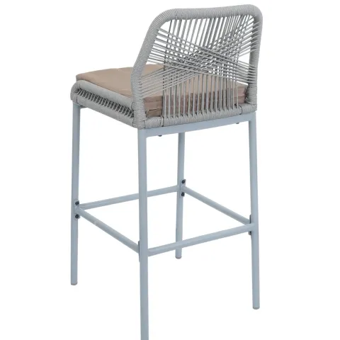 PROREGAL 2er-Set Rope-Barhocker, HxBxT 101x45x52 cm, Sitzhöhe 76cm, Hellgrau, Kissen Taupe, Outdoor Sitzpolster Seilgeflecht Metall