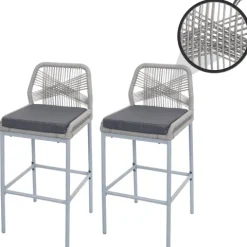 PROREGAL 2er-Set Rope-Barhocker, HxBxT 101x42x52 cm, Sitzhöhe 76cm, Hellgrau, Kissen Dunkelgrau, Outdoor Sitzpolster Seilgeflecht Metall