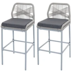 PROREGAL 2er-Set Rope-Barhocker, HxBxT 101x42x52 cm, Sitzhöhe 76cm, Hellgrau, Kissen Dunkelgrau, Outdoor Sitzpolster Seilgeflecht Metall
