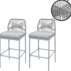 PROREGAL 2er-Set Rope-Barhocker, HxBxT 101x45x52 cm, Sitzhöhe 76cm, Hellgrau, Kissen Hellgrau, Outdoor Sitzpolster Seilgeflecht Metall